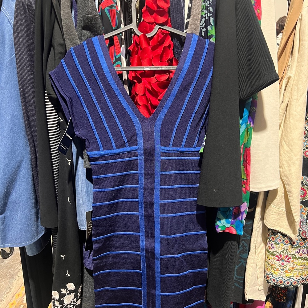 bebe Bandage Blue and Black Striped Dress NWT
